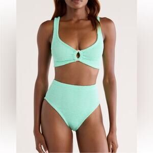 HUNZA G Metallic Mint High Waisted Nadine Bikini with Pearly Hoop OS